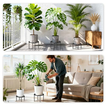 TOSKING 3-Pack Fully Assembled Heavy Duty Low Metal Plant Stand for Indoor & Outdoor – Original Geometric Flower Pot Holder for Heavy Potted Plant, Rustproof Iron Riser with Adjustable Feet, 200 LBS & 150 LBS, No Installation, Black (10.24" & 8.66" Dia) -