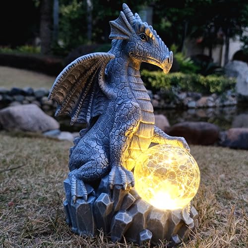 Solar Dragon Garden Statues Outdoor Decor, Resin Dragon Figurine with Solar Crackle Globe LED Lights Lawn Patio Balcony Art Decoration,Housewarming Gifts and Yard Ornament - color: Gray（dragon Glass Ball）