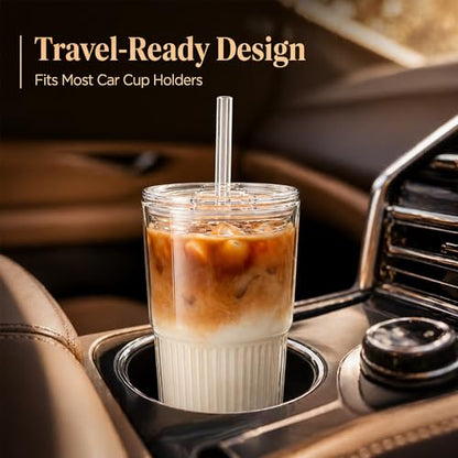 Haundry Ribbed Glass Cups with Lids and Straws (2 Pack), 16oz Iced Coffee Glass Tumbler, Leak Proof Coffee Cup To Go, Reusable Drinking Glasses for Iced Coffee, Smoothie, Juice - color: 16oz-2pcs