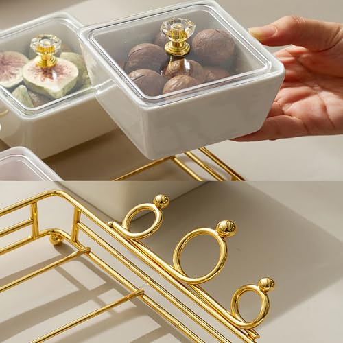 YA JU Ceramic Bowls and with Lid Gold Basket Trays, 4 Removable Small Bowls Condiment Trays Nut Serving Set for Snacks, Fruits, Candy and Condiments - Great for Parties, Holiday Gifts,White - color: White 4 Removable snack Bowls