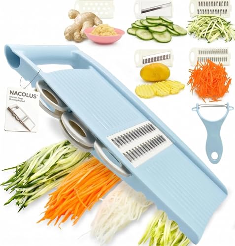 NACOLUS Handheld Mandoline Slicer for Kitchen, Vegetable Slicer Multi Blade Potato Chip, Veggie shredder, Vegetable Cutter, Julienne Shredder and peeler For Small Job In Kitchen Blue - color: Blue