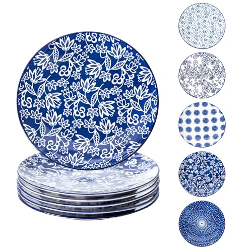 Ceramic Salad Plates Set - 8.5 Inch Kitchen Small Round Dinner - Scratch Resistant Porcelain Microwave Oven Dishwasher Safe - Dishes for Sandwich Dessert Appetizer - Set of 6 - Vintage Blue - color: Vintage Blue, size: 8.5 INCH