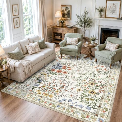 5x6 Washable Entryway Area Rug: Non Slip Floral Washable Entry Rug Living Room Area Rug for Indoor Floor Kitchen Bedroom - Soft Thin Door Mat Carpet Boho Vintage Home Decor (5'x6', Beige) - color: Beige, size: 5x6