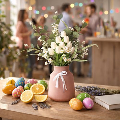 22 Stems White Faux Tulip Bouquet with Eucalyptus | Real touch petals, bendable stems, mixed daisies, farmhouse centerpiece, wedding and Mother's Day decor, no vase - color: Pure White