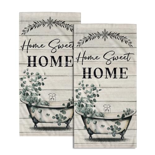 Imiss Home Sweet Home Hand Towels Set of 2 - Green Leaves Bathroom Towel 14.4 x 28.3 Inch Vintage Style Bathtub Kitchen Dishcloth Farmhouse Fingertip Towel for Gym Yoga Spa Bathroom - color: Green Leaf