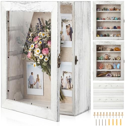 Gerrii Shadow Box Display Case 13 x 16 - Deep 5 Inch Large Wooden Picture Frame with Linen Back, Removable Shelves, Wooden Memory Case for Wedding Bouquets, Photos, Medals & Keepsakes, White - color: White, size: 13 x 16 Inches