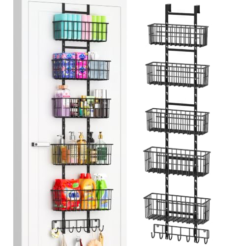 Hongtamoya Adjustable Over the Door Organizer, Metal Hanging Door Organizer with 5 Wire Basket 7 Hooks, Wall Mounted Shelf for Pantry Laundry Organization and Storage, Black - color: Black, size: 6-Tier