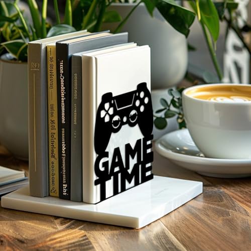 5.3"x4.3"x6.3" Metal Bookends, Heavy Duty Book Ends for Shelves | Game Theme Cast Iron Book Supports, 1 Pair Decor Stoppers for Desk, Library, Office & Home Shelves - style: Game