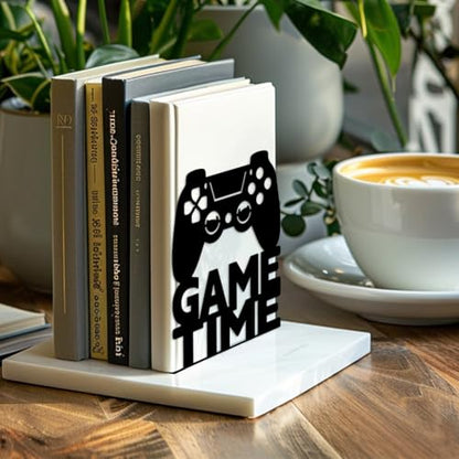 5.3"x4.3"x6.3" Metal Bookends, Heavy Duty Book Ends for Shelves | Game Theme Cast Iron Book Supports, 1 Pair Decor Stoppers for Desk, Library, Office & Home Shelves - style: Game
