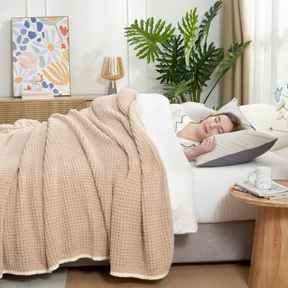 Snuggle Sac Beige Waffle Bedding Blankets Queen Size 90x90 inches, Reversible Microfiber Fluffy Fuzzy Soft Throw Cozy Knit Blanket for Women Mothers Birthday Gifts - color: Waffle Beige, size: Queen(90"x90")