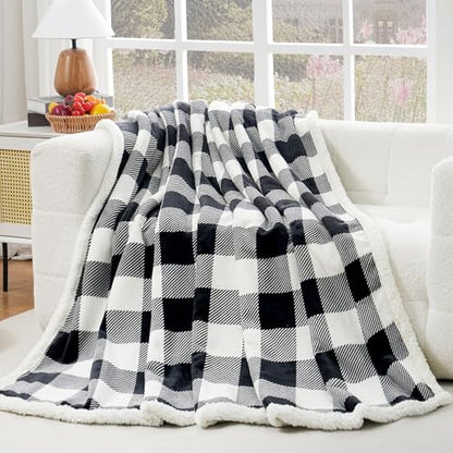 PU MEI Sherpa Fleece Throw Blanket 80" x 90" Reversible Plush Fluffy Large Big Blanket Lattice Flannel Blankets for All Season Use, Black and White - color: Black and White, size: 80"*90"