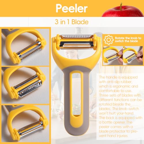 Oneleaf 3-in-1 Kitchen Tool Set, Bottle Opener, Ice Cream Scoop, Vegetable Peeler, Non-Slip Silicone Handle, Stainless Steel Blade, for Home, Camping, Travel, Easy Grip & Effortless Use