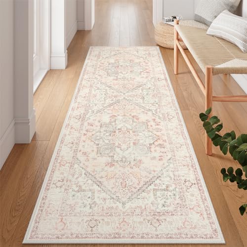 LIVEBOX Washable Oriental Runner Rug 2.5x8 - Long Vintage Tribal Pink for Kitchen Boho Non-Slip Hallway, Low-Pile Accent Throw Area Rug for Laundry Room - color: Medallion Pink, size: 2'6" x 8' (Runner)