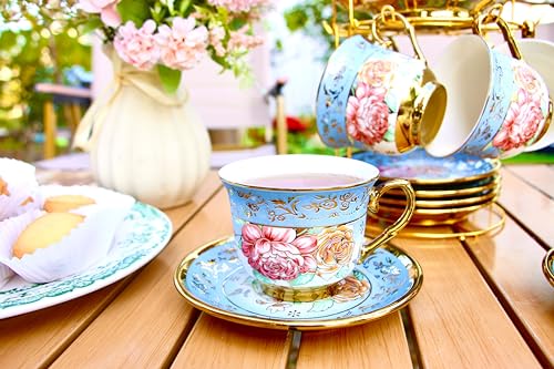 20 Pieces Porcelain Tea Set With Metal Holder, European Ceramic tea set for adults,Flower Tea Set,Tea Set For Women With Flower Painting - color: Sky Blue