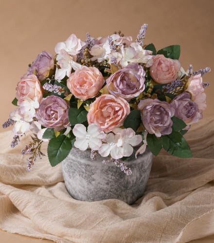 Artificial Flowers with Vase, Silk Rose Flower Arrangement with Ceramic Vase, Fake Flowers in Vase for Home Decor, Small Flower Vase for Table, Shelf, Living Room and Dining Room - color: Purple