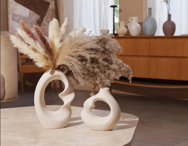DESI SAMAAN Store Unique White Ceramic Donut Vases | Decorative Donut Vase for Dried Flowers & Pampas Grass (Set of 2) (8.5 & 5.7 Inch (UNIUE VASE)) - size: 8.5 & 5.7 Inch (UNIUE VASE )