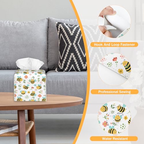 Bee 2 Pcs Tissue Box Cover Square, Cute Cartoon Bees Tissue Box Holder Waterproof Leather Facial Paper Organizer Dispenser for Bathroom Home Car Nightstand - color: Cartoon Bees
