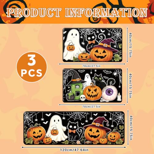 Halloween Kitchen Mats, Boo Pumpkin Ghost Kitchen Rugs | Set of 3, Non-Slip, Spooky Black Cat, Absorbent, Floor Mat for Halloween Holiday Indoor Outdoor Home Decor, 16x28, 16x47 Inch