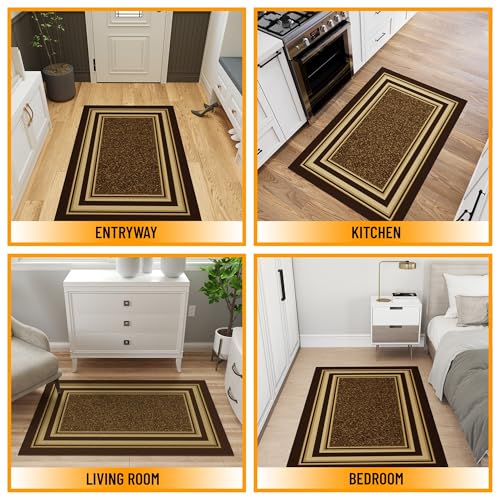 Ottomanson 3x5 Area Rugs – Ultra-Thin Entryway Rug - color: Border Brown, size: 3'3" x 4'7" (Area Rug)