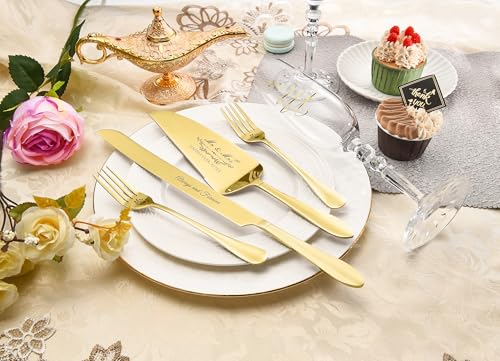 Wedding Cake Cutting Set with Forks, Crystal Champagne Flutes | Classical Style Toasting Glasses for Bride and Groom, Wedding Gifts for Couples, Engagement and Bridal Shower Gifts - color: Gold