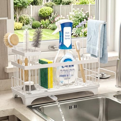 VOOWO Sponge Holder for Kitchen Sink, Compact Sink Caddy with Brush Holder | 304 Rustproof Stainless Steel Dish Soap Holder, Small Kitchen Sink Organizer, Self-Draining Dish Wand Holder with Towel Rack - color: White