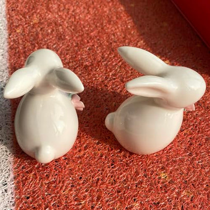 Set of Mini Ceramic Rabbit Figurines, Porcelain Easter Bunny Decorations for Home, Tabletop Ornament, Tea Ceremony Pet (2-Flower)
