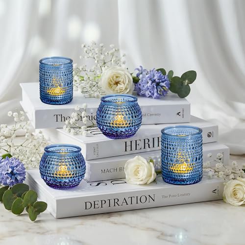 Rubtlamp Votive Candle Holders Set of 24, Blue Glass Candles Holder, Tea Light Candle Holders for Wedding Centerpieces, Vintage Candle Holder for Wedding & Home Table Decor - color: Blue