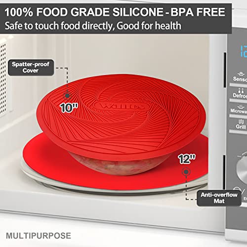 Walfos 12 10 Inch Silicone Microwave Mats, Microwave Splatter Cover for Food, Pot Holders for Kitchen, Non-Slip Heat Resistant Silicone Mats for Microwave, Oven, Hot Pan, Pot (Red) - style: 10+12in, 2 Red Microwave Mat