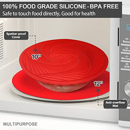 Walfos 12 10 Inch Silicone Microwave Mats, Microwave Splatter Cover for Food, Pot Holders for Kitchen, Non-Slip Heat Resistant Silicone Mats for Microwave, Oven, Hot Pan, Pot (Red) - style: 10+12in, 2 Red Microwave Mat