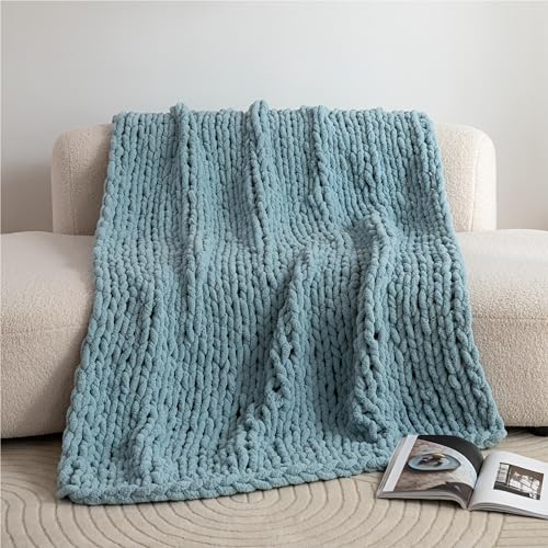 Chunky Knit Blanket Throw for Couch 50"×60" Turquoise | 100% Handmade Knitted Throw Blanket Fluffy Soft Blanket with Jumbo Chenille Yarn Thick - color: Turquoise, size: 50"*60"