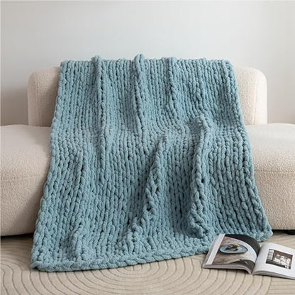 Chunky Knit Blanket Throw for Couch 50"×60" Turquoise | 100% Handmade Knitted Throw Blanket Fluffy Soft Blanket with Jumbo Chenille Yarn Thick - color: Turquoise, size: 50"*60"
