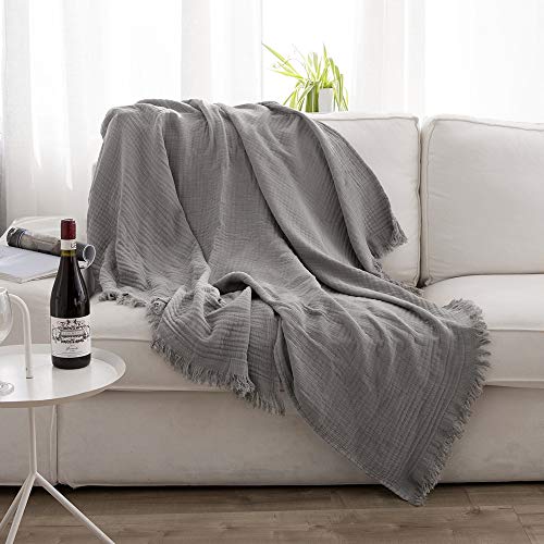 Simple&Opulence Cotton Muslin Throw Blanket for Bed, Couch, Knit Woven Gauze Blanket with Tassels, Soft Lightweight Cozy Pre-Washed Breathable Farmhouse Decoration for All-Season (Grey) - color: Grey