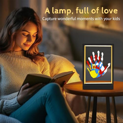 CHERRY CHEERS Family Handprint Kit with Light, Handprint Keepsake Frame, Wooden Led Light, Easy Install, No Need Screw etc, Non-Toxic Paints (Black) - color: Black
