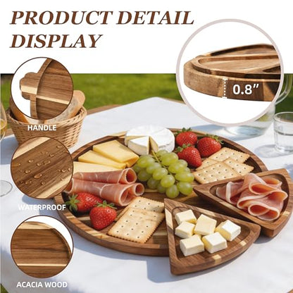 Acacia Wood Serving Tray with Handles, Round Charcuterie Boards with 6 Detachable Pizza Trays, Wooden Decorative Tray for Party, Coffee Table Tray for Home Decor, Bathroom, Kitchen Counter