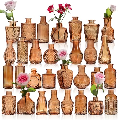 Set of 30 Amber Glass Bud Vases in Bulk,Small Centerpieces Vases | for Wedding Centerpieces,Mini Glass Vintage Vase Flower Vases for Table Decor