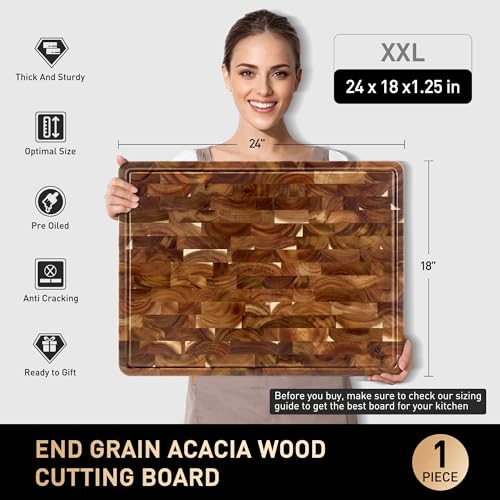 Extra Large End Grain Cutting Board for Kitchen with Non-slip Feet, Acacia Wood Heavy Duty Checkered Cutting Board with Juice Groove & Handle Handcrafted Luxury Chopping Board for Meat, Vegetables - size: 24"L x 18"W