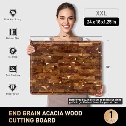 Extra Large End Grain Cutting Board for Kitchen with Non-slip Feet, Acacia Wood Heavy Duty Checkered Cutting Board with Juice Groove & Handle Handcrafted Luxury Chopping Board for Meat, Vegetables - size: 24"L x 18"W