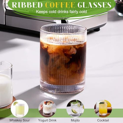 Drinking Water Glass Cups Set,Crystal Clear ribbed Glass set of 8,17oz&12oz | Unique Design Vintage Cocktail Glass, Tall Glass Cups Ideal for Ice Coffee Cup, Whiskey, Mixed Drinkware - style: Retro
