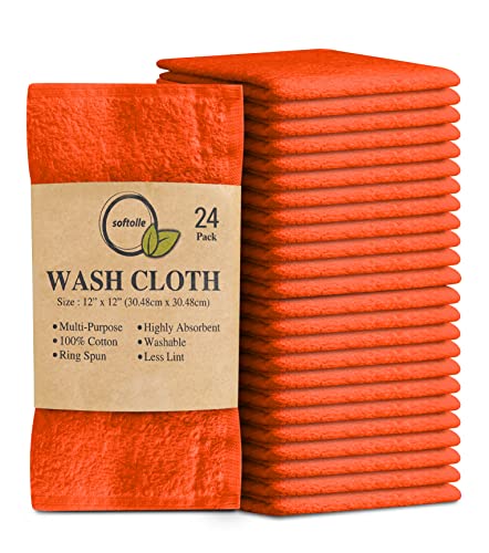 100% Cotton Washcloths 24 Pack (12x12 Inches) Soft, Highly Absorbent Washcloth, Face Towels, Wash Cloths for Face, Ring Spun, Bulk Pack (Orange) - color: Orange, size: 24 Pack