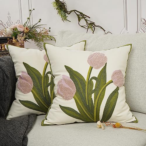 YOUR SMILE Pack of 2 Embroidered Decorative Throw Pillow Cover 18x18 Inch Farmhouse Floral Floor Pillowcase for Couch Living Room Sofa Bed,Pink Tulip