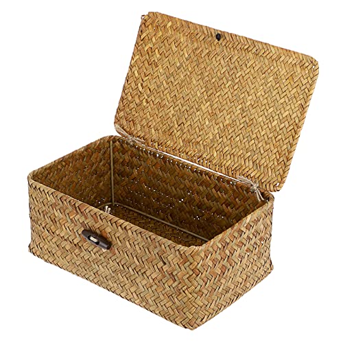 Hipiwe Small Woven Shelf Baskets Bin with Lid Seagrass Wicker Storage Box | Handmade Seagrass Basket Organizer Rectangular Household Basket Boxes for Shelf Wardrobe Home Decor, Caramel - color: Caramel, size: Small