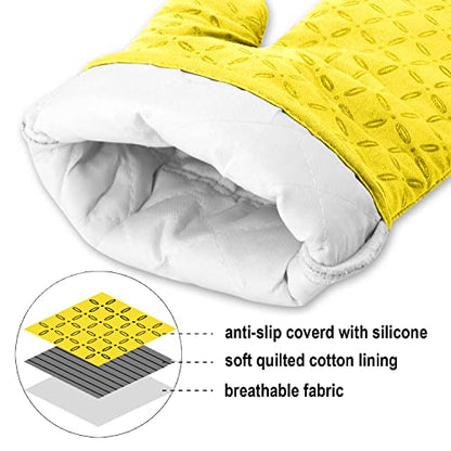 KEGOUU Oven Mitts and Pot Holders 6pcs Set, Kitchen Oven Glove High Heat Resistant 500 Degree Extra Long Oven Mitts and Potholder with Non-Slip Silicone Surface for Cooking (Yellow) - color: Yellow