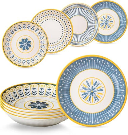 Yeacccng Bohemian Pasta Bowls Set of 4, 8 Inch 24 Oz Ceramic Salad Bowls, Shallow Wide Kitchen Bowls, Lead-Free Cadmium-Free, Dishwasher Microwave Oven Safe, Scratch-Resistant Boho Serving Bowls - size: 8 inch pasta bowl (Colorful*4)
