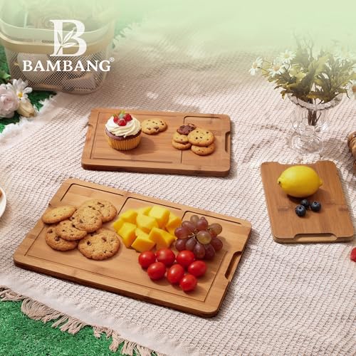 BAMBANG Bamboo Cutting Board, Dark Carbonized Chopping Boards Set of 3 with Stand, Butcher Block with Deep Juice Groove, Non-Toxic Wooden Cutting Boards for Kitchen Meal Prep & Serving - color: Dark