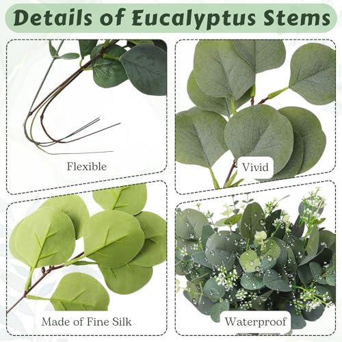 Eucalyptus Leaves Stems 30 PCS, 4 Kinds Mixed Artificial Greenery Stems for Wedding Decor Vase Floral Arrangement Centerpiece