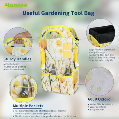 Yellow Garden Tools Set 10 Pieces, Gardening Gifts for Women | Aluminum Alloy Steel Hand Tool Kit w/Non-Slip Ergonomic Handle, Floral Print Garden Supplies Organizer Handbag, Gardening Set - color: yellow