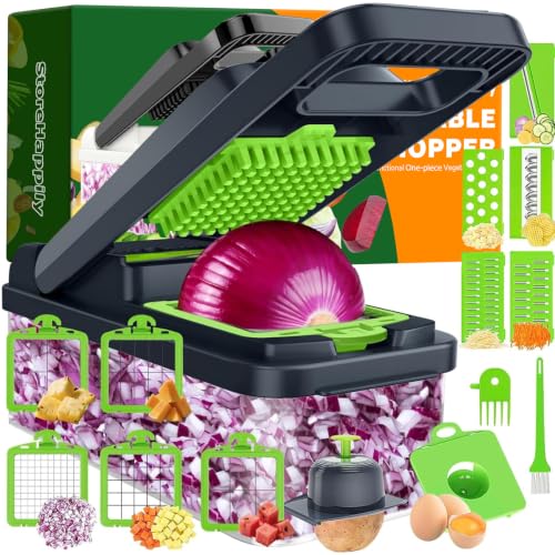 15-in-1 Vegetable Chopper 10 Blades, Veggie Cutter with Handle, Green/Grey | Stainless Steel Blades, Food Container and Lid, Dicer, Slicer, Julienne, Egg Separator, Non-slip Base, Include Cleaning Tools - color: Green, size: 10 blades
