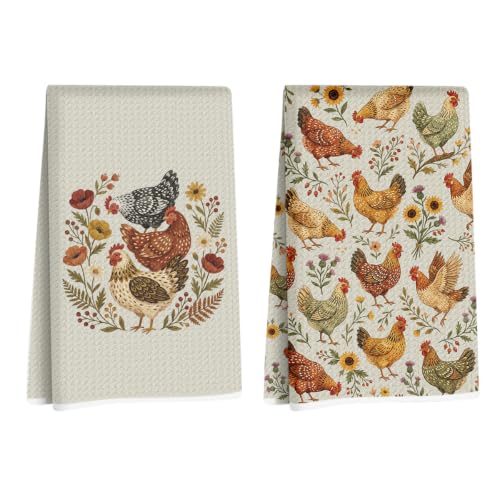 Farmhouse Chicken Rooster Kitchen Towels, Reusable Chicken Dish Tea Towels | Rooster Decor Hand Towel for Bathroom Kitchen Decor, Cock Mom Lady Gifts, Waffle Weave Absorbent Towel, 14x24 Inch Set of 2 - color: Floral Chicken Farmhouse