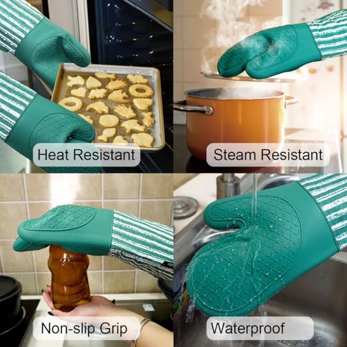 Alselo Silicone Oven Mitts Heat Resistant 932℉ with Waterproof & Non-Slip | Kitchen Mittens Set of 2,Extra Long 7.5"x15" Gloves with Soft Cotton Terry Lining for Baking Cooking BBQ (Emerald Green,2) - color: Emerald Green