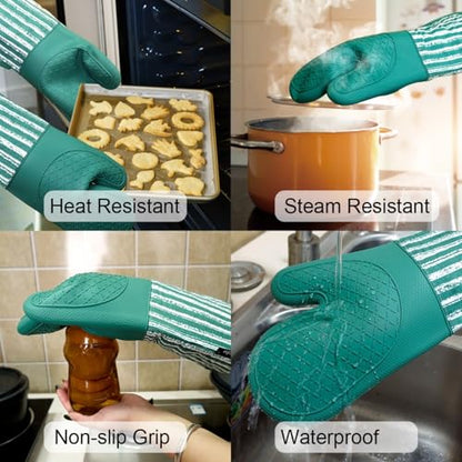 Alselo Silicone Oven Mitts Heat Resistant 932℉ with Waterproof & Non-Slip | Kitchen Mittens Set of 2,Extra Long 7.5"x15" Gloves with Soft Cotton Terry Lining for Baking Cooking BBQ (Emerald Green,2) - color: Emerald Green